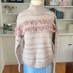 LOFT Pink and Cream Fringe Turtleneck Sweater
